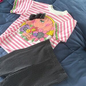 Pink Striped Graphic Tee and Polka Dot Leggings Set